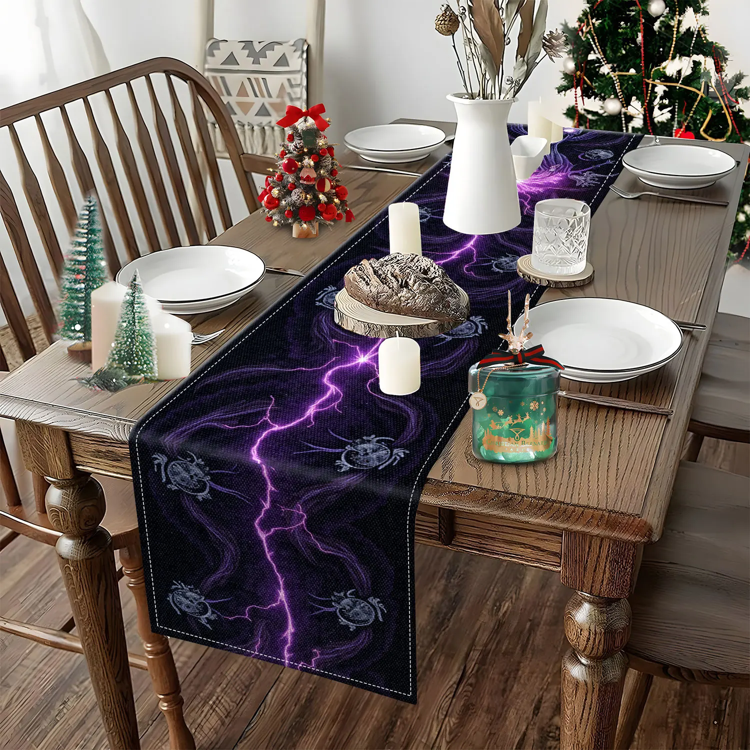 1-Piece Purple Lightning & Mystical Creature Print Table Runner, Festive Party Dining Table Runner Decor