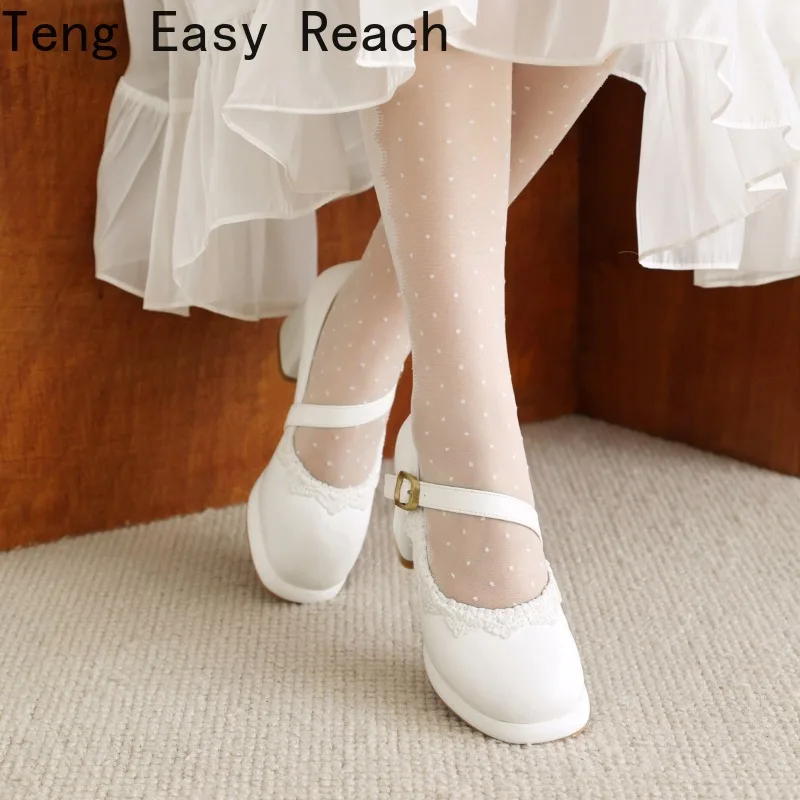 2024 New Women\'s White Mary Jane Shoes Spring Fashion Round Toe Chunky Heels Women\'s Lace Edge Princess Cosplay Lolita Shoes