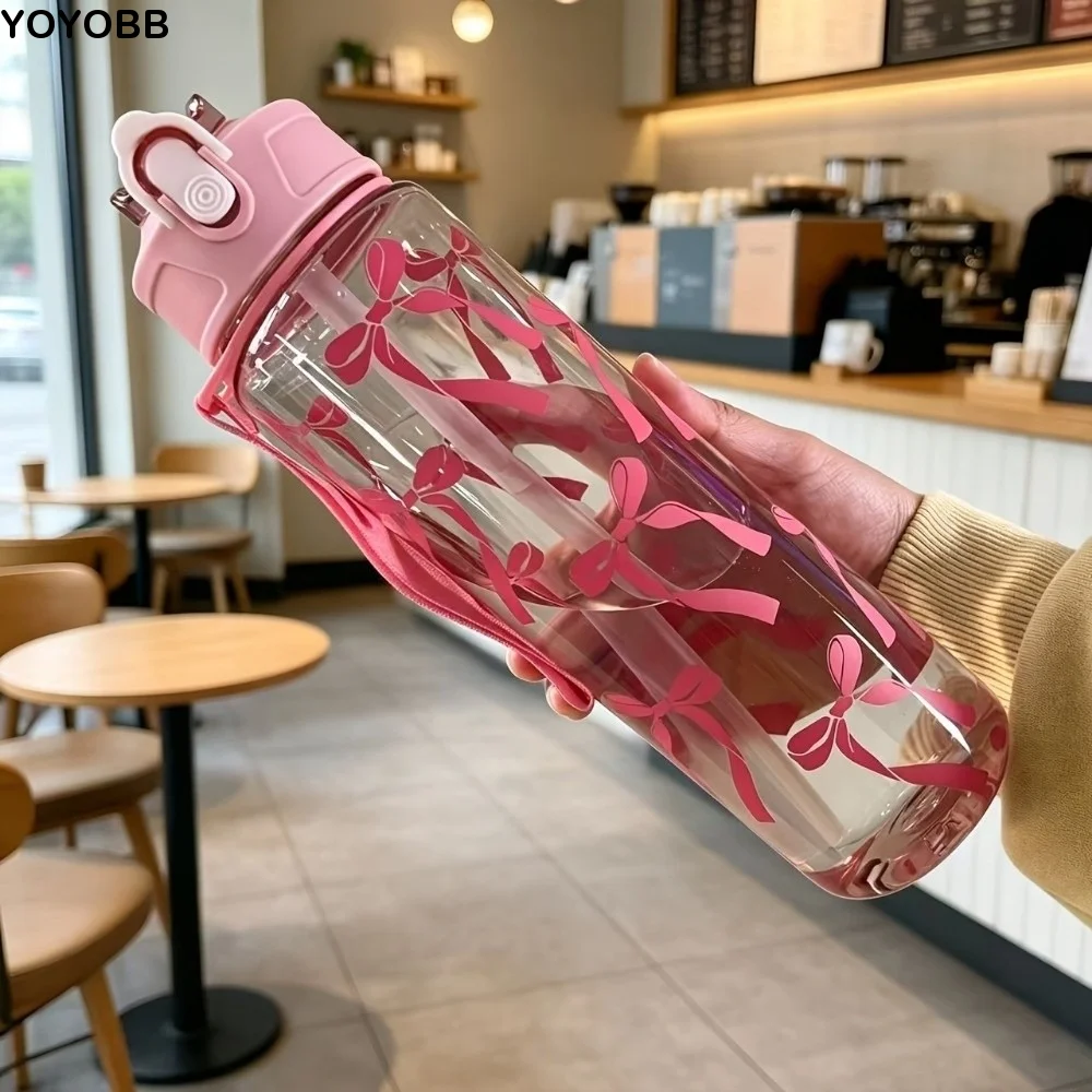 Lightweight 800ML Water Bottle Bow Flower Printed Large Capacity Sports Water Bottle Matte Plastic Water Cup Sports