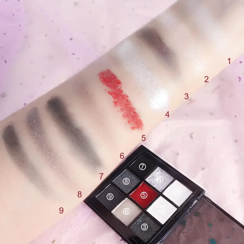 สีดําสีแดง Punk รมควัน 9 สีอายแชโดว์ Palette-กันน้ํา Glitter Pearl Cold Dark Color แต่งหน้าอายแชโดว์ยาวนาน