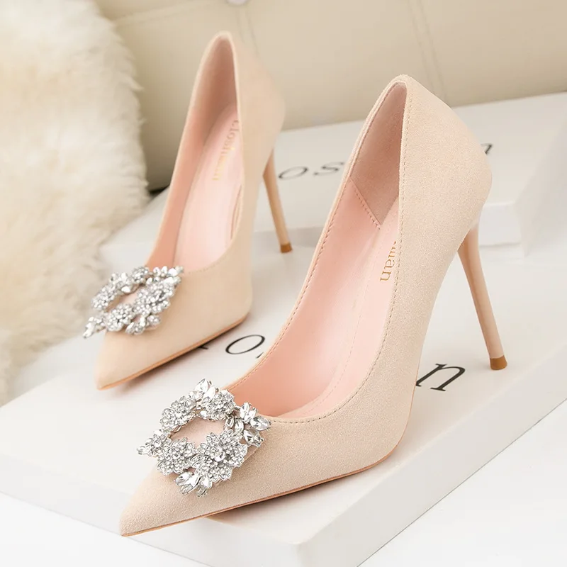 

6cm-9.5cm High Heels Women's Sandals Suede Pointed Tip Rhinestone Metal Decoration High Heels for Woman Fashionable Womens Shoes