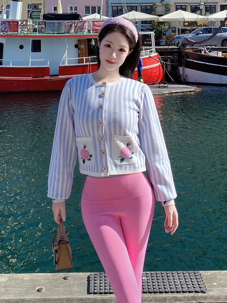 

Sweet Fairy T Dr Blue Striped Rose Long Sve Knitted Open Cardigan ort Top for Girls Cute Girl Aosphere Faionable