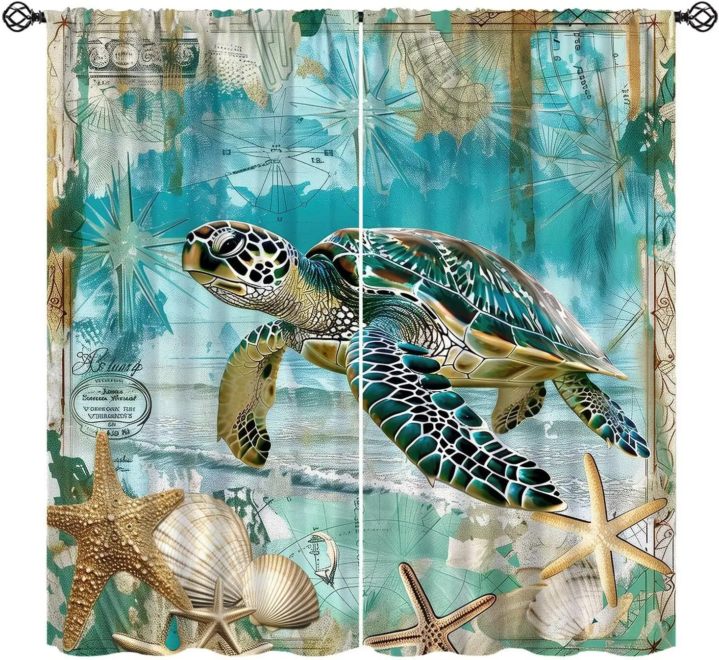 Vintage Sea Turtle Curtain Starfish Shell Ocean Map Teal Ink Print Coastal Bath Living Room Home Window Decor Drape.