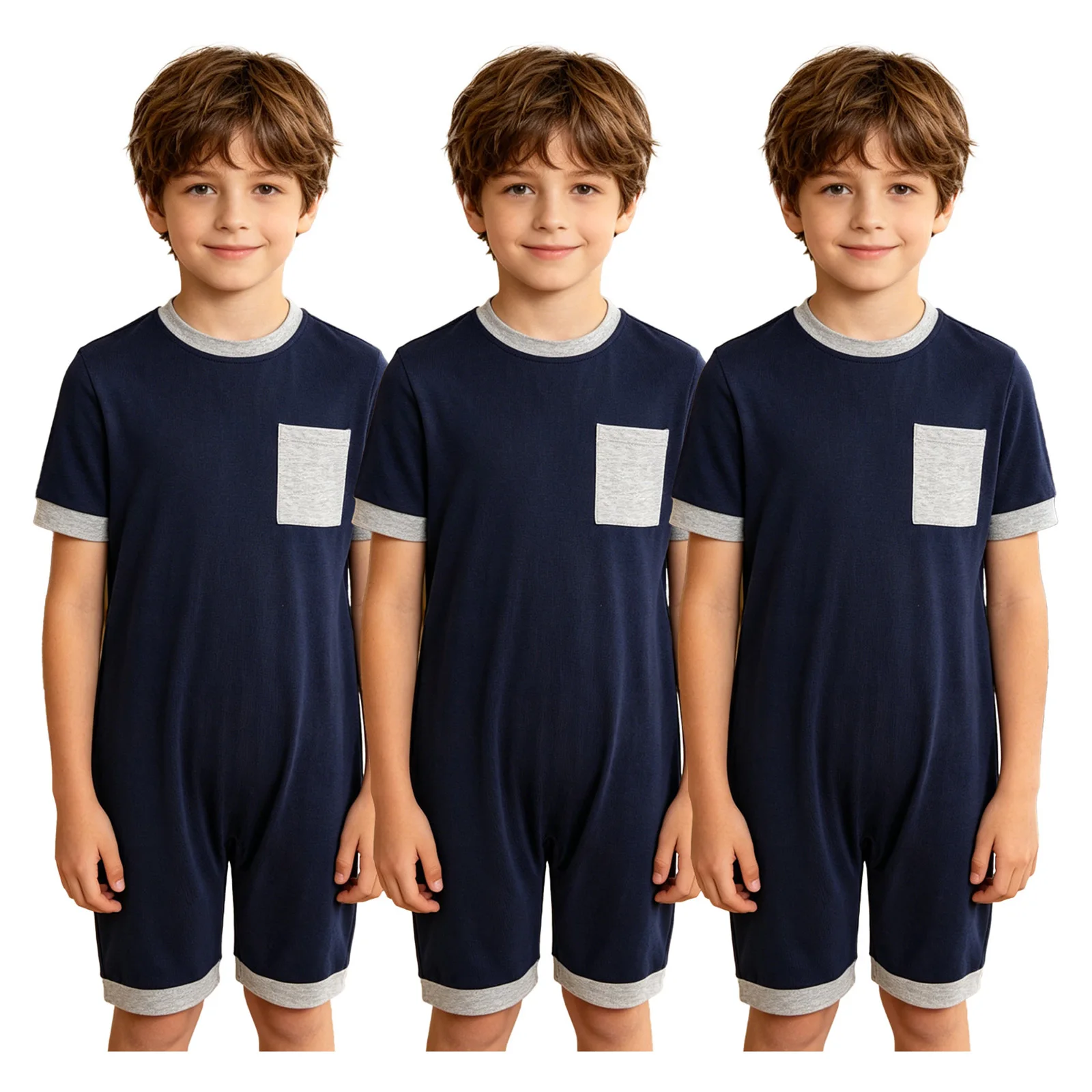3pcs Kids Boys Girls Special Needs Rompers Thigh Length Jumpsuit with Pocket Adaptive Clothing Back Invisible Zipper Romper