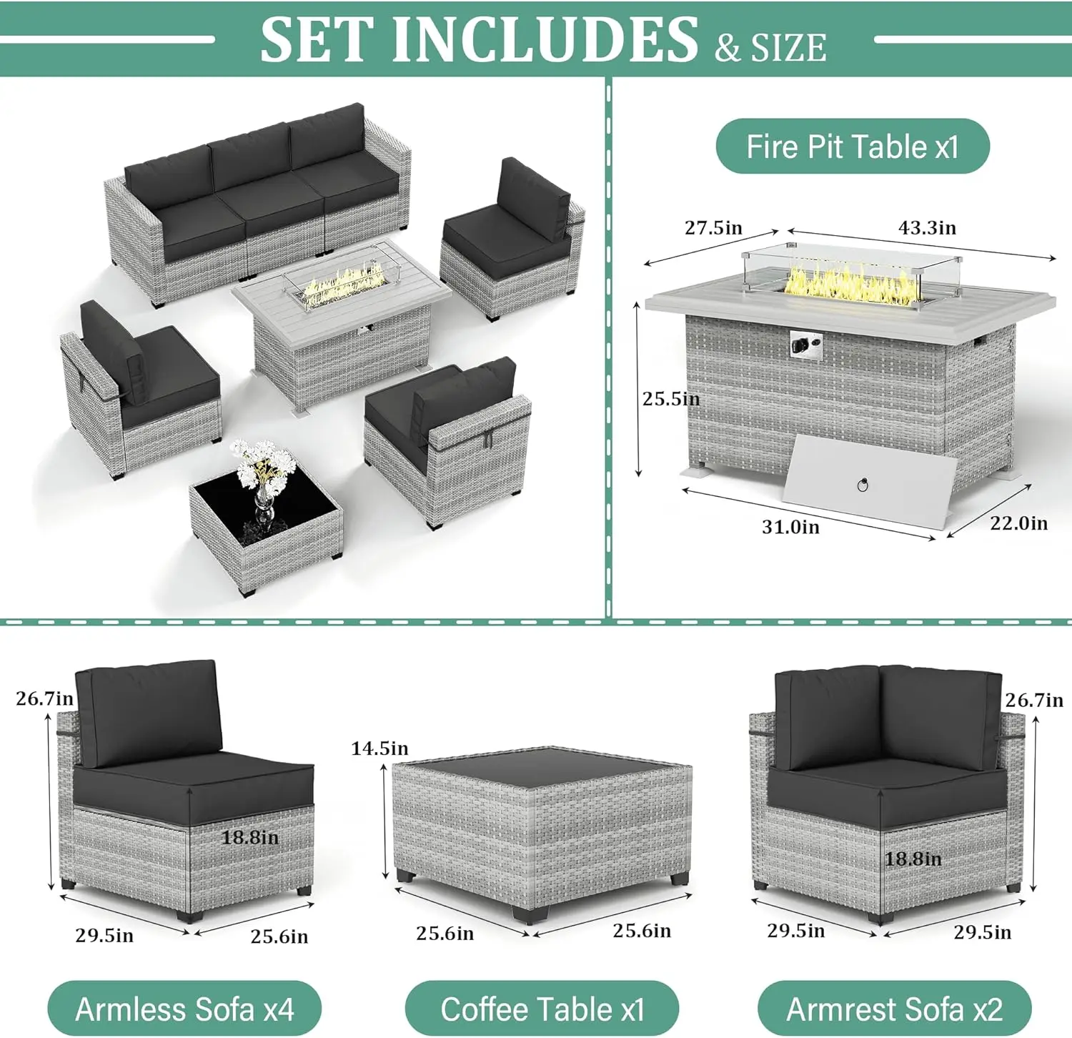 Patio Furniture Set With Fire Pit Table, With Seat CushionsOutdoor Modular Wicker  With Btu Propane Gas Fire Pit Table