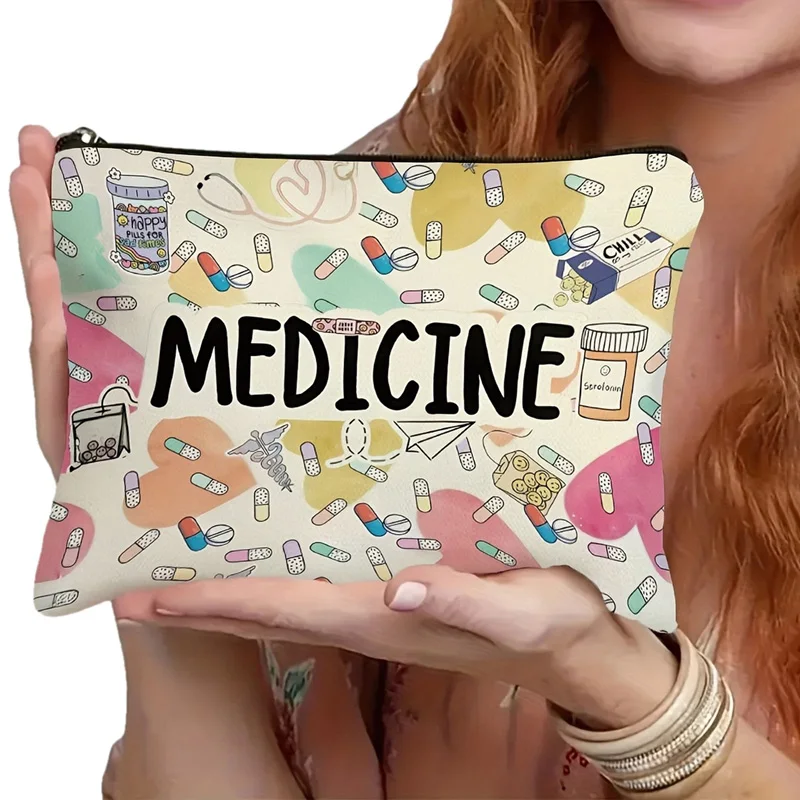 Medicine-Themed Cosmetic Travel Bag - Foldable Zippered Makeup Organizer, Gift for Healthcare Professionals, Cosmetic Bag