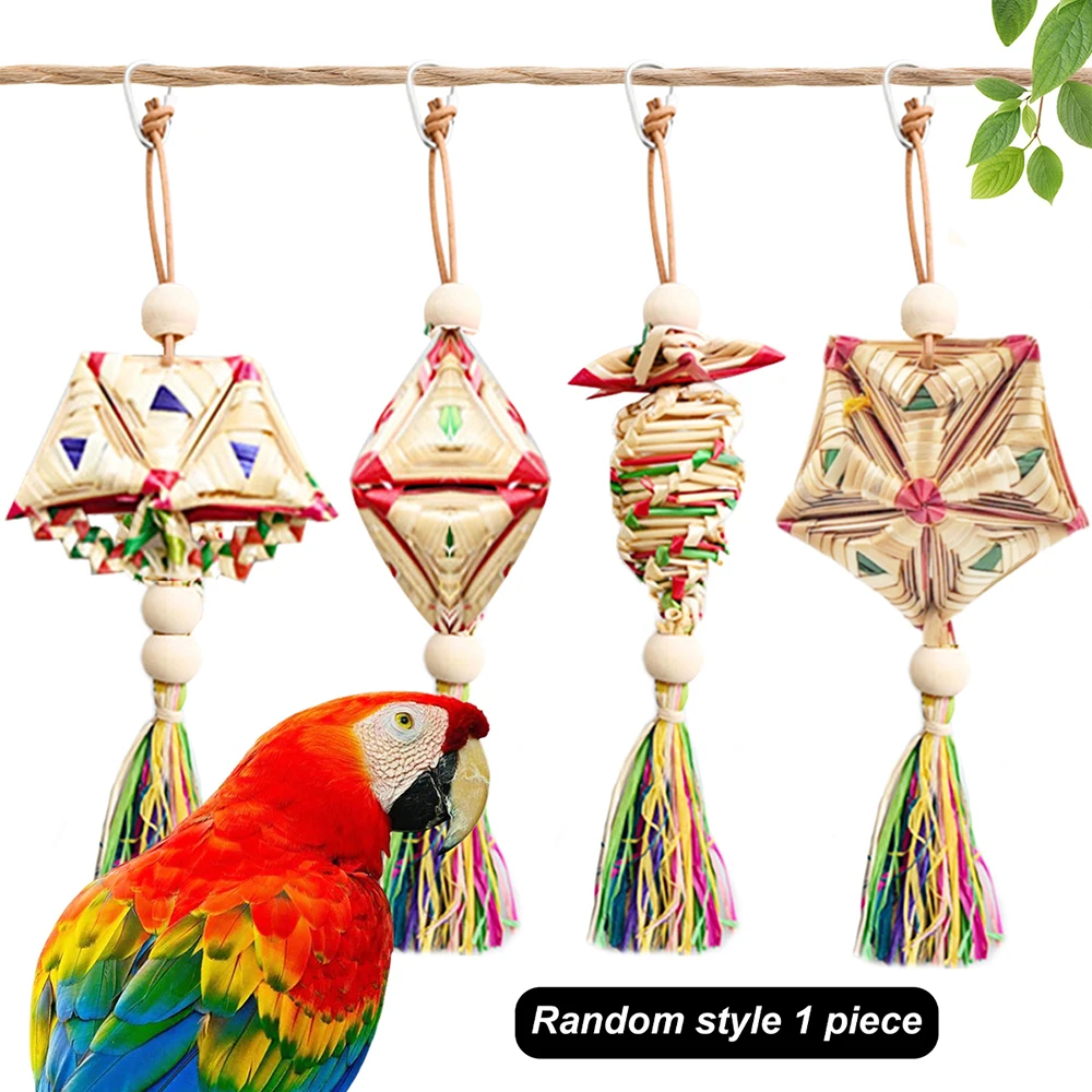 1 Pc Random Style Pet Parrot Bird Chew Toys Handmade Natural Straw  Chewing Bite Hanging Cage Bell Swing Climb Playing Pendant