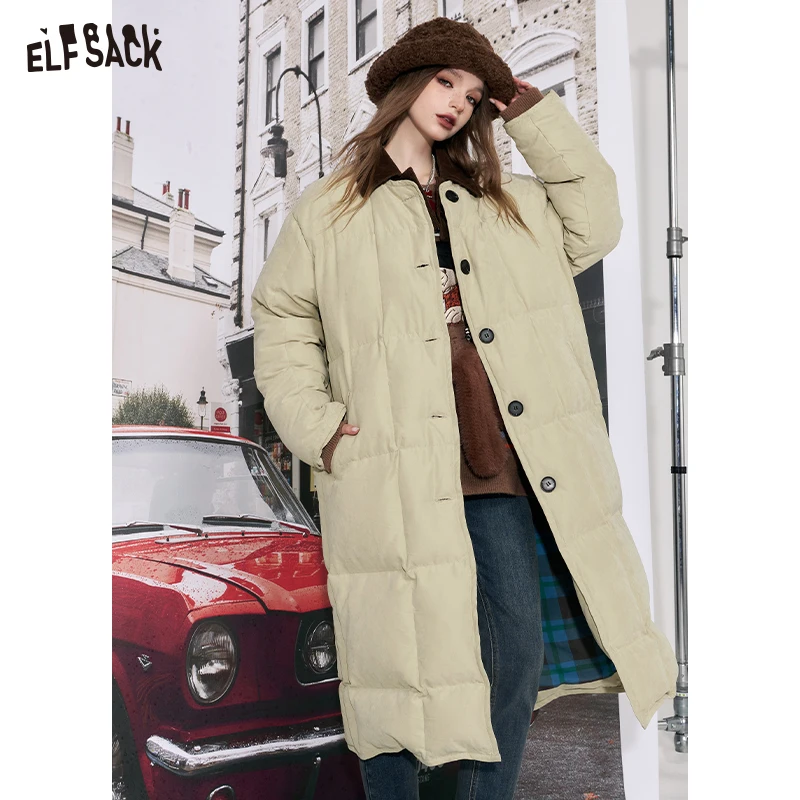 ELFSACK 2000s Retro Down Coats Women 2023 Winter New Korean Fashion Designer Long Outwears