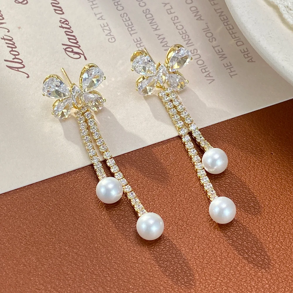 Zircon butterfly pearl fringed earrings women's exquisite fashion versatile super flash thin earrings