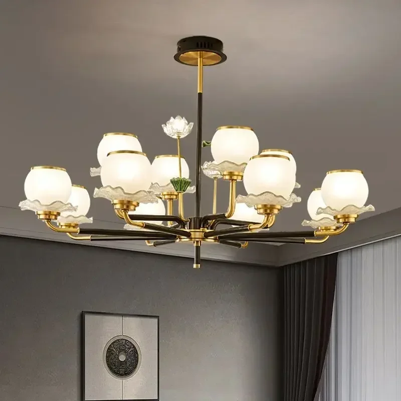 Retro 2026 All Copper Chinese Style Lotus Flower Pendant Light for Tea Room Study Zen Inspired Bedroom Decor