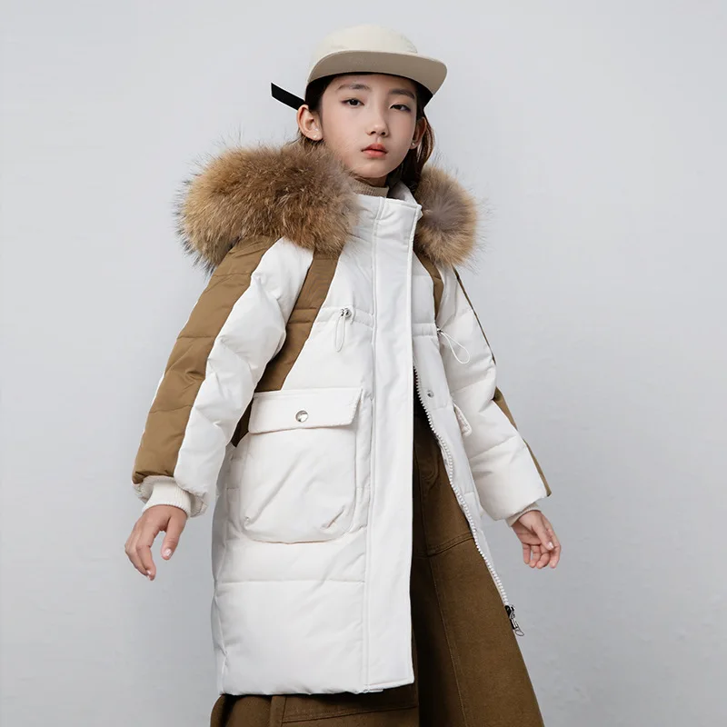 

New Winter Girls Big Fur Hooded Thicker Warm Down Coat Children Fashion White Duck Down Jacket Outwear y1396