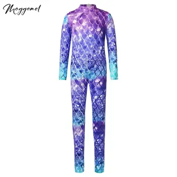 Çocuk kız Mermaid baskı kostüm tam boy uzun kollu Unitard Bodysuit balık pulu cadılar bayramı karnaval parti tulum giyinmek