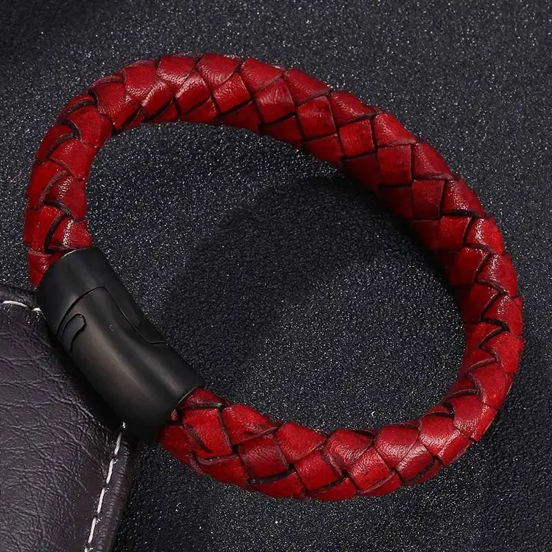 

Vintage Men Jewelry Red Braided Leather Rope Bracelet Black Magnetic Buckle Bracelets Punk Men Wrist Band Pulsera Hombre PH509