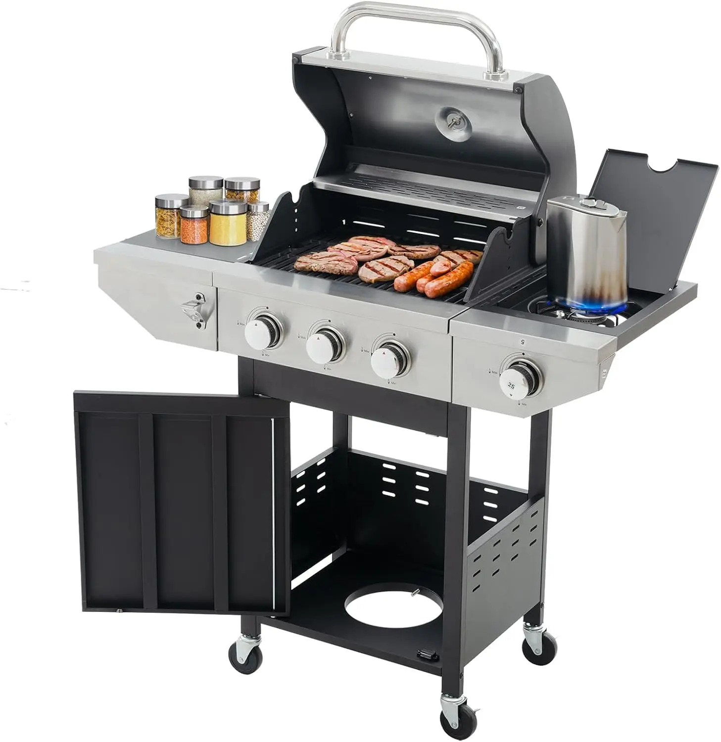 3-Burners Propane Gas Grill Outdoor with Side Burner & Thermometer, Stainless Steel Propane Grill, 33950 BTU Output