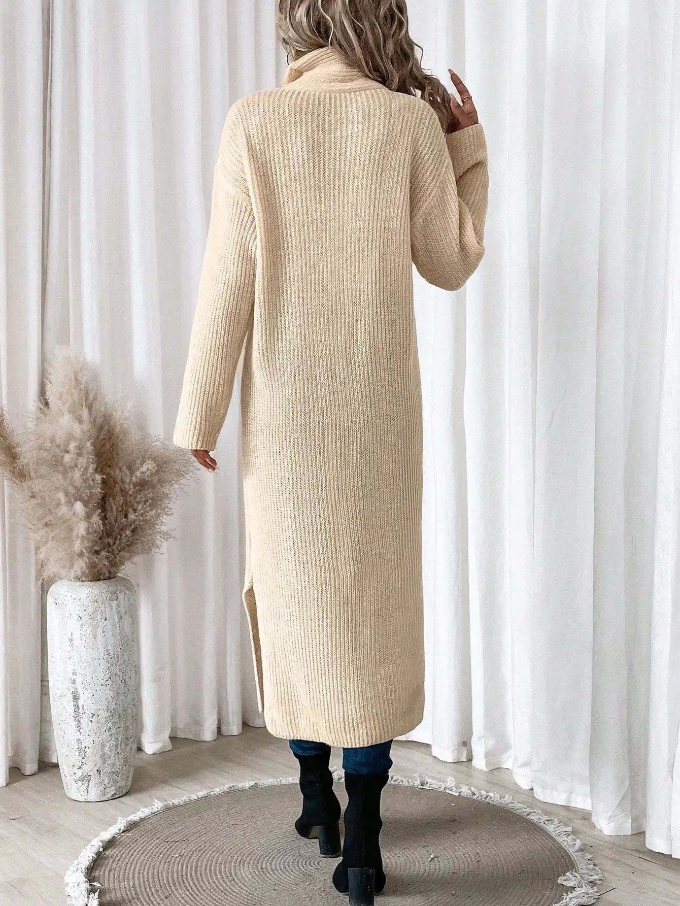 2024 New Fashion Long Knitting Sweater Turtleneck Flare Long Sleeve Women  Side Slit Pullovers Dress Ladies Autumn Winter