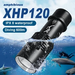 XHP120 Professional Diving Flashlight Scuba Diving Torch IPX8 High Power LED Flashlights 26650 Waterproof Underwater Hand Lamp