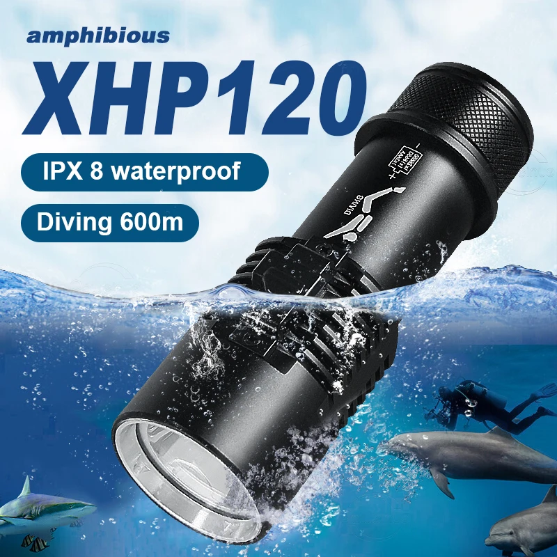 XHP120 Professional Diving Flashlight Scuba Diving Torch IPX8 High Power LED Flashlights 26650 Waterproof Underwater Hand Lamp
