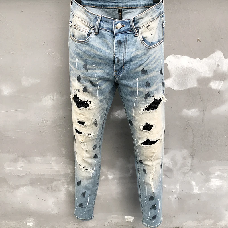 2023 Men Stretch Retro Splash Ink Skinny Denim Jeans Pants Hip Hop Rhinstone Men Jeans Ripped Fashion Casual Washed Hole Jeans