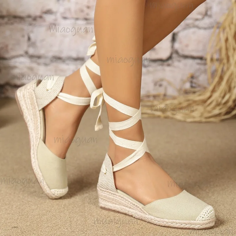 

Women's Lace-Up Espadrille Wedge Sandals Closed Toe Female Shoes Bohemian Ankle Wrap Summer Platforms Sandals Босоножки Женские
