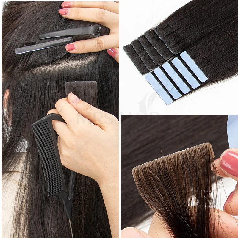 MRS HAIR Pita Tak Terlihat Ekstensi Rambut Pita Terikat Tangan Dalam Ekstensi Rambut Rambut Manusia Ekstensi Pita Perekat Alami 10 Buah/Pak