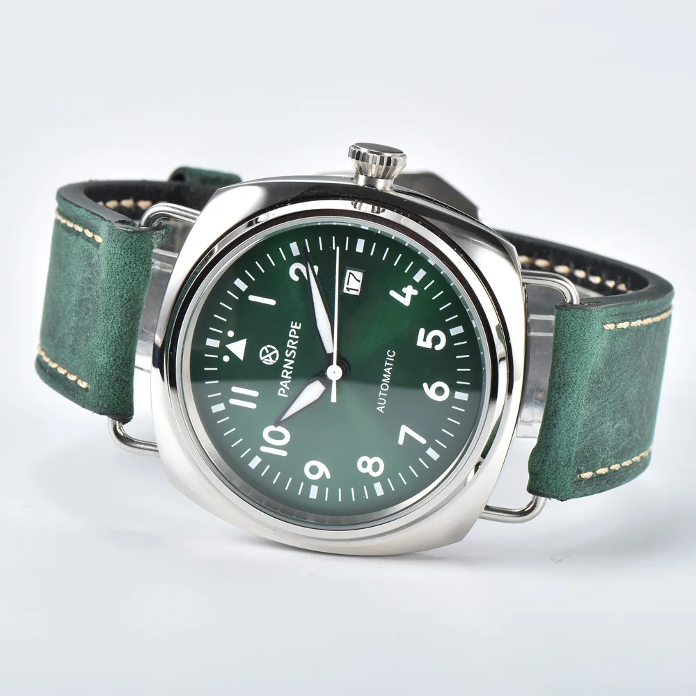 PARNSRPE Pilot Watch for Men 45mm Vintage Green Dial NH35 Automatic Mechanical Large Square Stainless Steel Case pilot watch