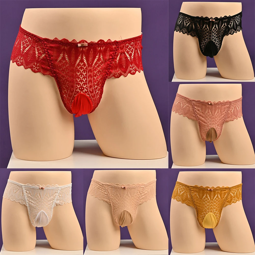 Men Sexy Briefs Gay Low Waist Pouch Men\'s Triangular Panties Lace Underwear Gay Sissy Pouch Mesh Hollow Out Breathable Lingerie