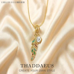 Charm Necklace Golden Feather & Oval CZ Spring Brand New Fashion Jewelry Europe 925 Sterling Silver Gift For Women