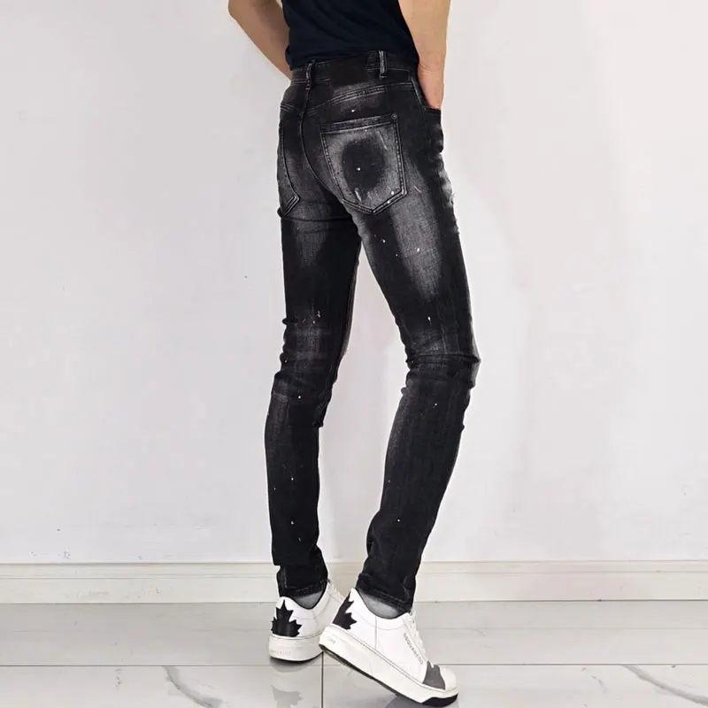 Men's High Street Hip-Hop Graffiti Scratch Washed Elastic Tight Jeans Black Gray Y2K Fashion New Brand Pants