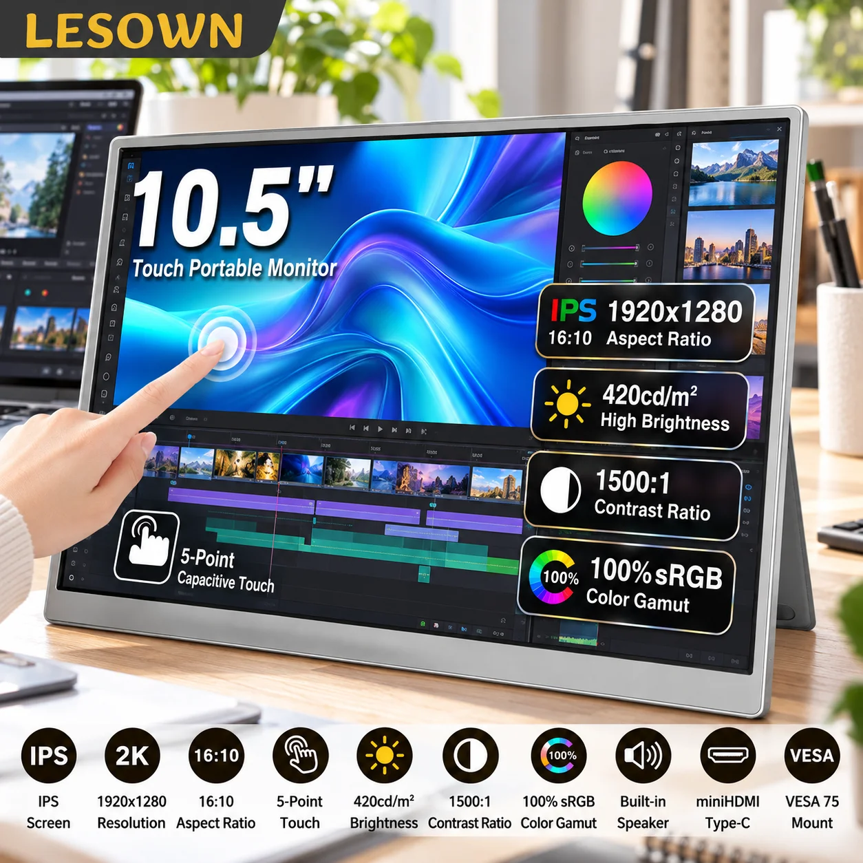LESOWN 10.5/13.3in Portable Touch Monitor 1920*1280 16:10 60Hz miniHDTV Type-C 100%sRGB 420cd VESA75 Silvery Plastic Stand Case