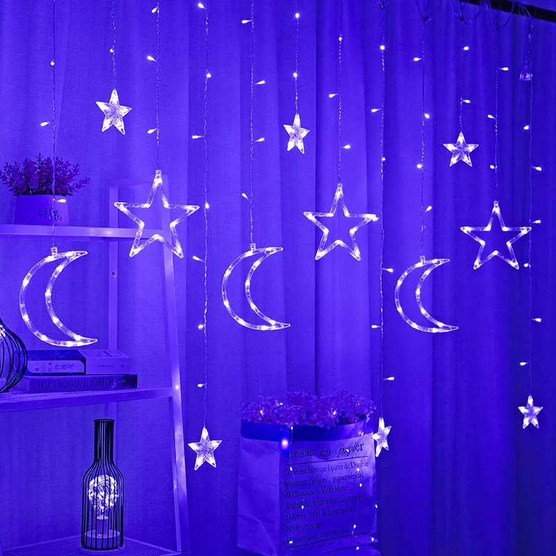 220V EU ปลั๊ก3.5M LED Moon Star โคมไฟผ้าม่าน Fairy Light Christmas Garland String ไฟโคมไฟใหม่ปีของตกแต่งงานแต่งงาน