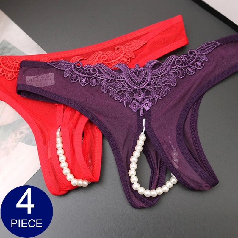 

4 Pcs Women's Panties Underwear Open Crotch Thong Embroidery Sexy Lingerie Women Erotic Crotchless Beaded Pearl G-Strings T-Back