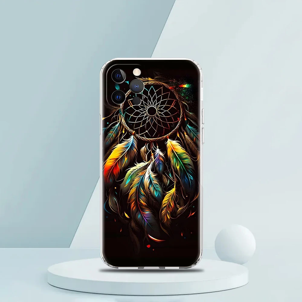 Soft TPU Transparent Phone Case Cover for iPhone 16 15 14 13 12 11 Pro Max XR 8 7 Plus XR Shell Mandala Dreamcatcher Pattern Bag