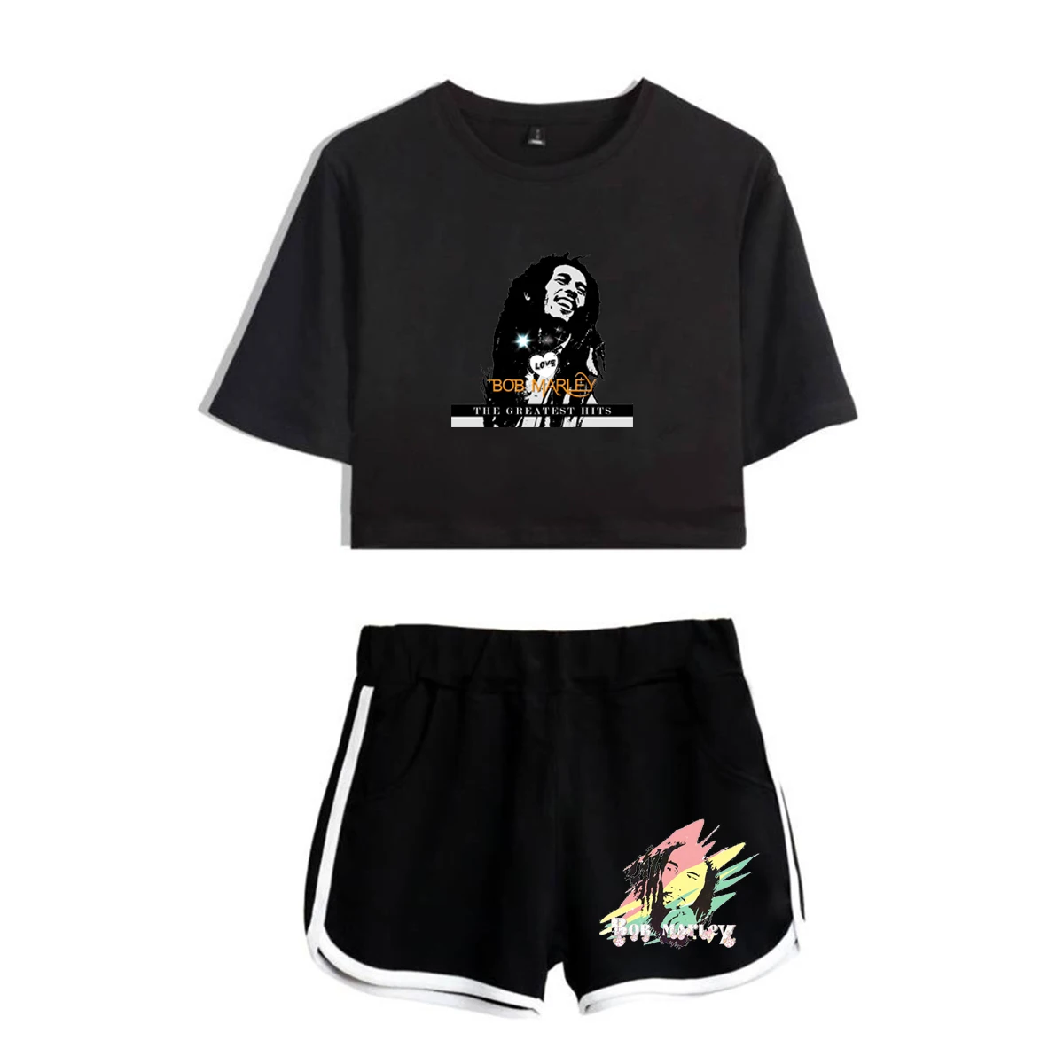 Fashion Youthful Legendary Bob Marley Print Two Piece Set Women Sexy Shorts+lovely T-shirt Cute Dew navel Sport Girl suits