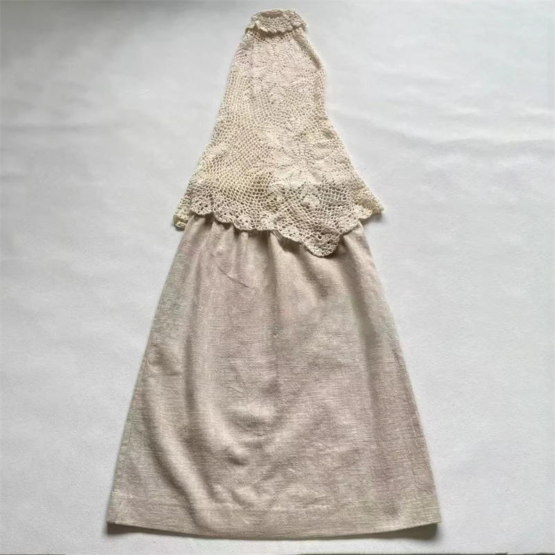 กระโปรงผู้หญิง กระโปรงยาวลูกไม้ปะติดปะต่อใหม่สำหรับฤดูใบไม้ร่วงปี 2025 ผ้าฝ้ายผสมป่าน กระโปรงทรงดินสอเอวยางยืดสำหรับผู้หญิง y2k