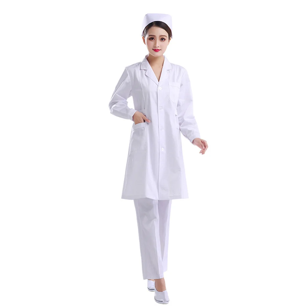 

White Short Sleeve Cotton Hospital Coat Slim Fit V Neck Uniform for Doctor Nurse Beautician Pharmacy Apparel Size Xl