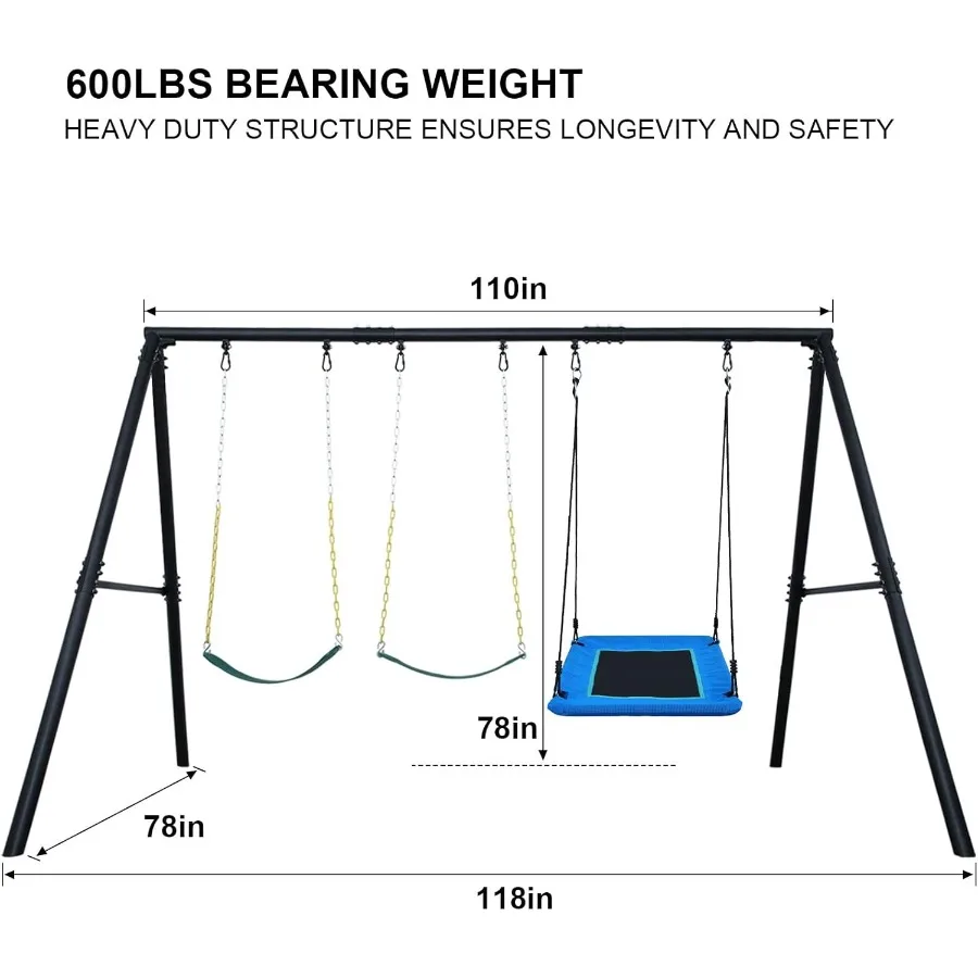 مجموعة أرجوحة معدنية بإطار عالي التحمل بوزن 600 رطل مع أرجوحة منصة واحدة و2 أرجوحة حزام للعب في الفناء الخلفي في الهواء الطلق متينة ومستقرة