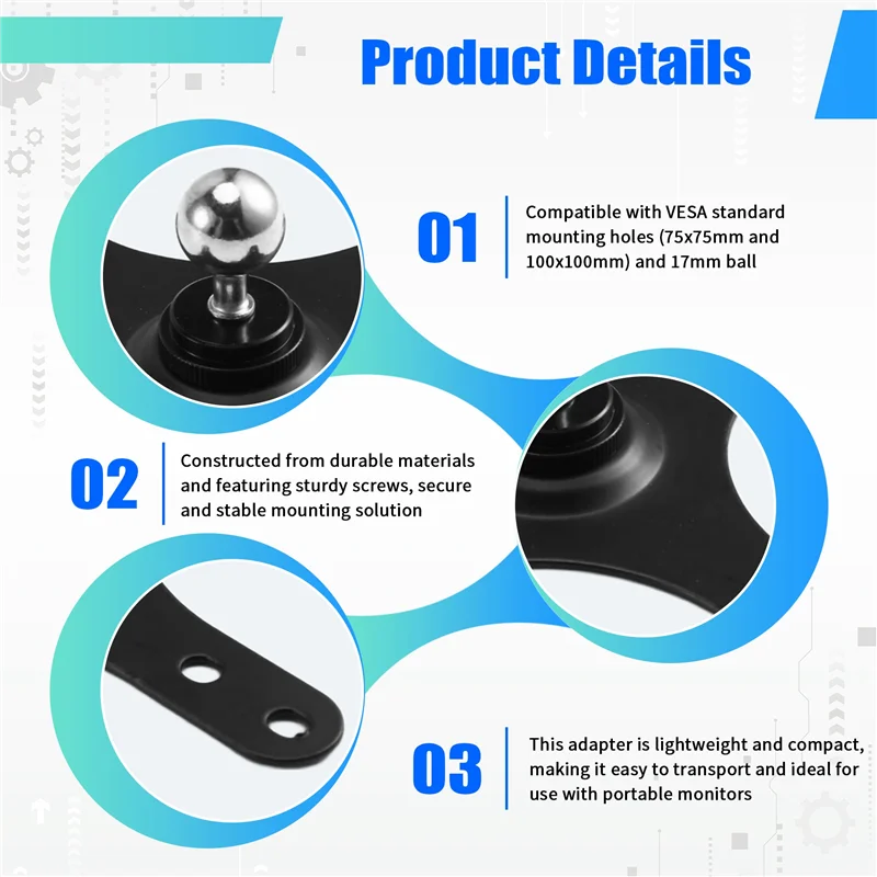 Mounting Bracket Plate VESA For Portable Monitor With 17Mm Ball Base Set 100X100mm 75X75mm Wall Mount Holder BLACK