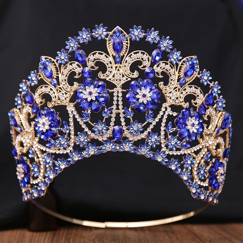 Baroque Round Blue Bridal Crown Pageant Miss Tiaras Flower Headdress Bride Wedding Dress Diadem Hair Jewelry Accessories