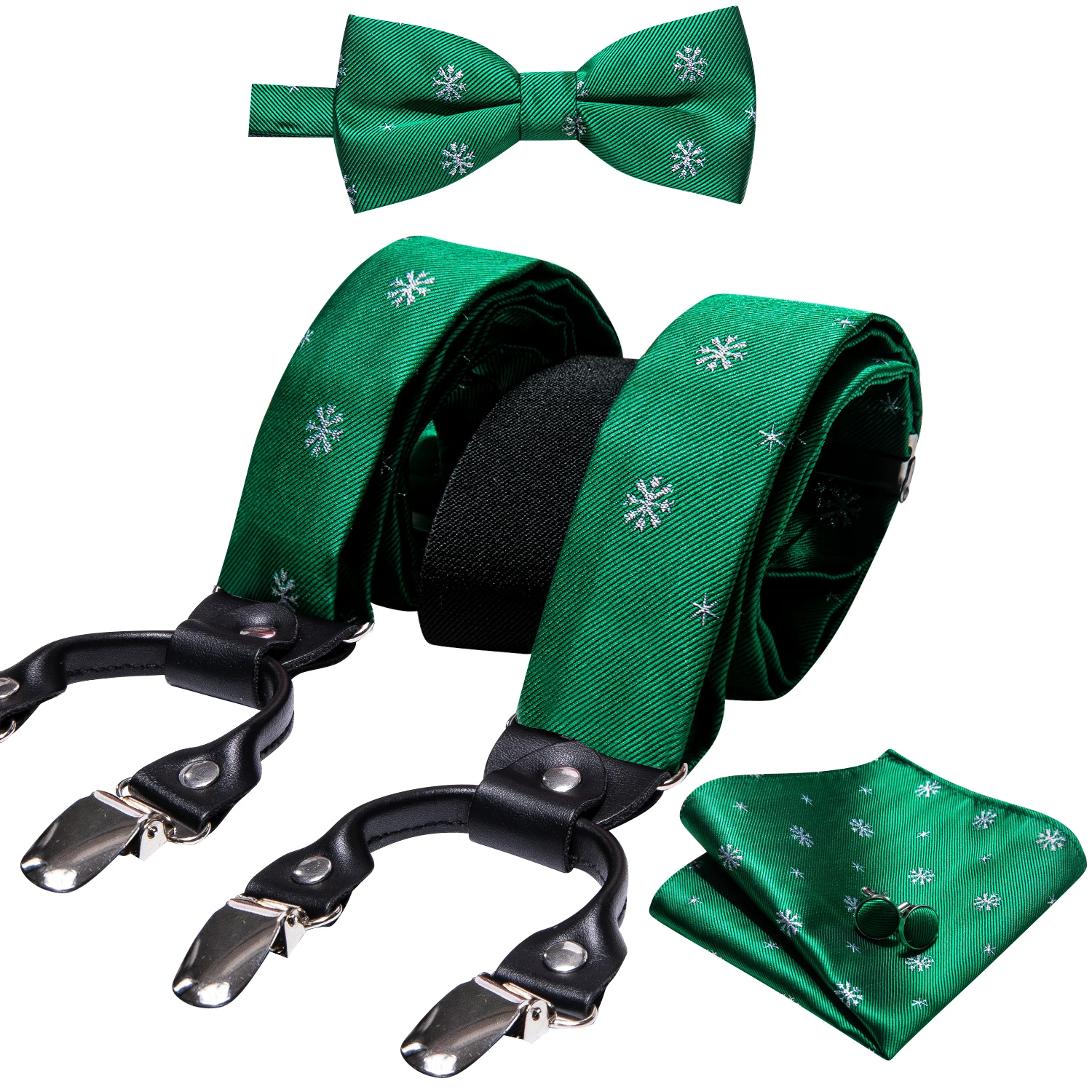 Barry.Wang-Suspender de Natal de seda ajustável masculino, gravata borboleta de Natal, lenço, abotoaduras, festival de Noel, 6 clipes