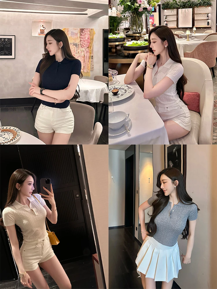 

SX Silk Blend Wool Knitted ort Sve irt Женская повседневная антивозрастная облегающая футболка Корейский летний топ