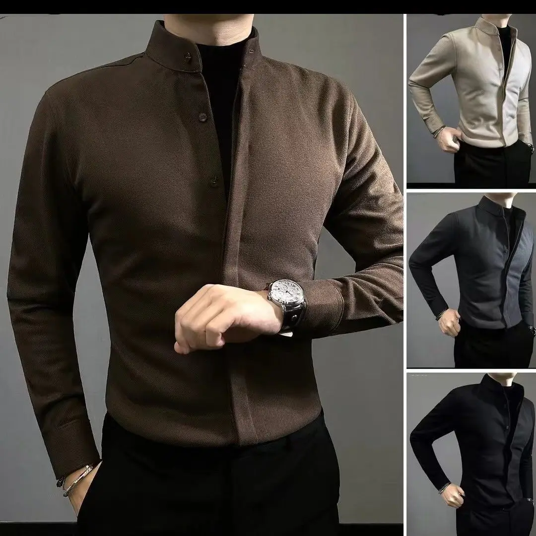 Fashion Business Autumn Winter Men Clothing Shirt Coats Solid Stand Collar Single Breasted Versatile Casual Slim Long Sleeve Top