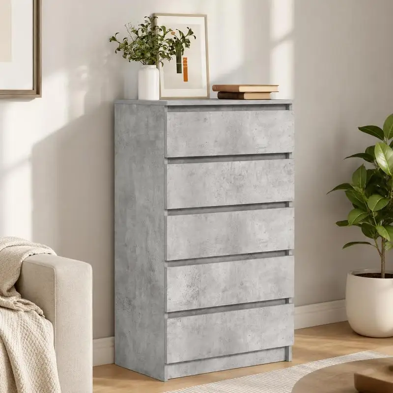 Kommode mit 5 Schubladen, betongrauer Holzschrank mit stabiler Oberseite für Schlafzimmer, Wohnzimmer, Organizer, 60 x 36 x 103 cm große Möbel