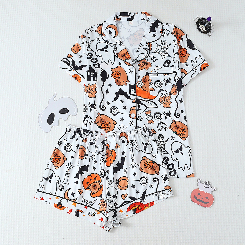  2-Piece Set of Funny and Quirky White Halloween Pufferfish Print Spring/Summer Short-Sleeve Collared Top and Bow Shorts Women's Pajama Set Loungewear Suitable for Halloween 