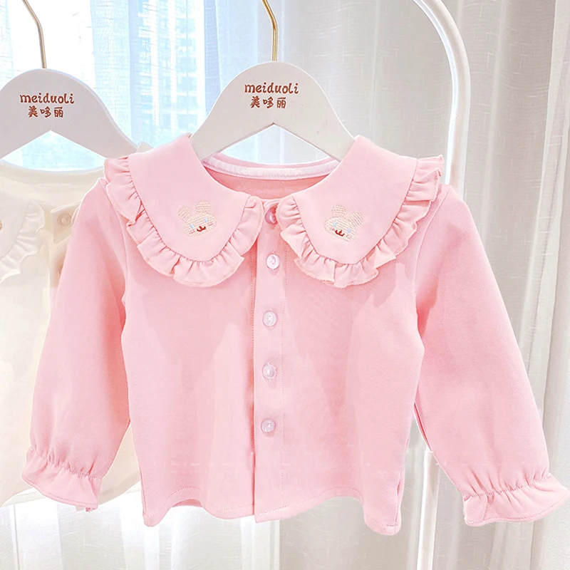 Girls Long Sleeve T-Shirt Spring And Autumn Children'S Cartoon Embroidery Lapel Cardigan 1-7 Years Old Pure Cotton Casual Top