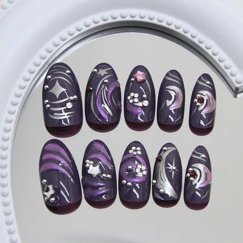 24 pçs roxo escuro perolado unhas falsas y2k imprensa em unhas acrílicas longo amêndoa flash estrelas unhas falsas 3d ondulação decoração wearable