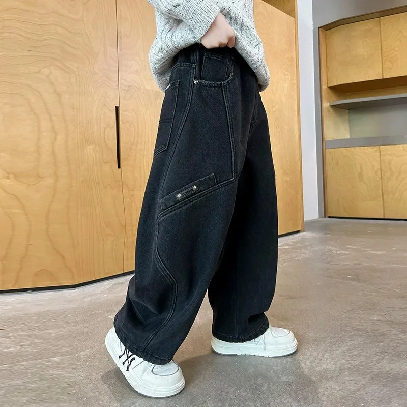 UNITIM Children Boys Straight Pants Autumn 4-14Yrs Kids Boys Denim Pants Loose Winter Velvet Warm Young Teenagers Boys Jeans