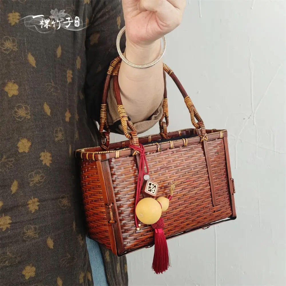 

Ретро-сумка из бамбукового плетения для женщин, сумка для хранения чайных принадлежностей, художественная культурная сумка для поездок на работу, нейлоновая, с двойным ремнем, моющаяся
