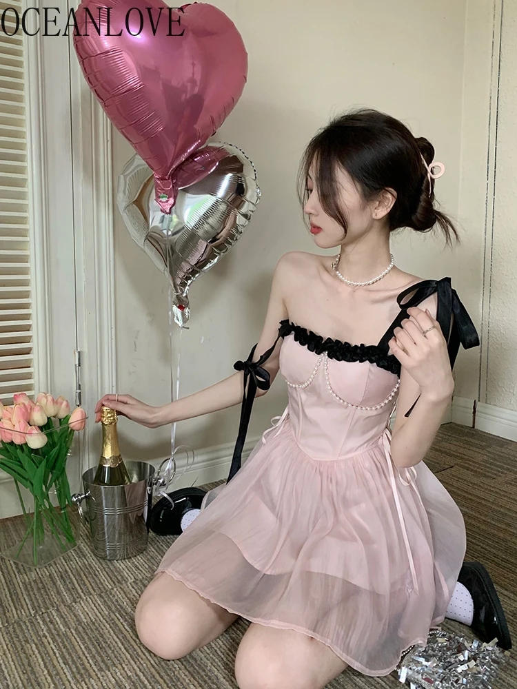 

OCEANLOVE Pink Princess Mini Dresses Spring Summer Bows Birthday Party Women Dress Korean Fashion Sweet Vestidos Mujer