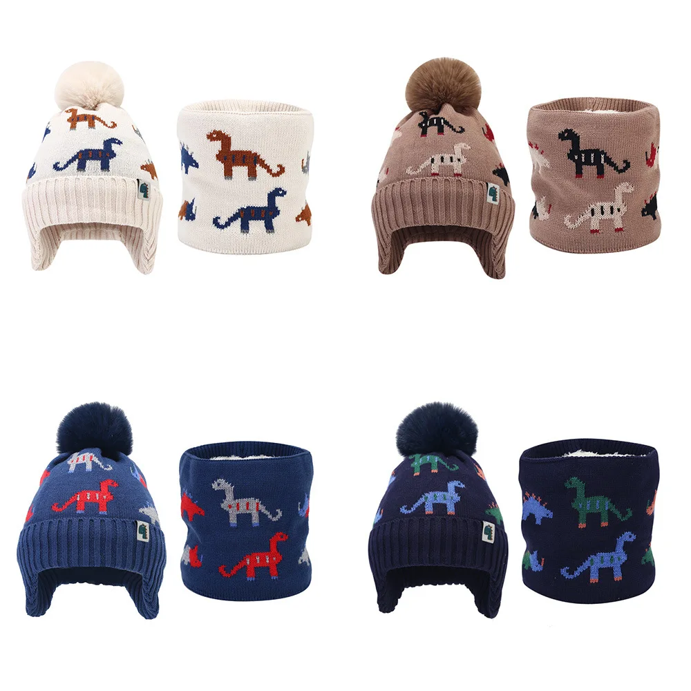 Winter Children\'s Knitted Hat Jacquard Dinosaur Plus Cashmere Hat Boys Girls Ear Protection Warm Wool Hat 2PCS Sets Cap Scarf