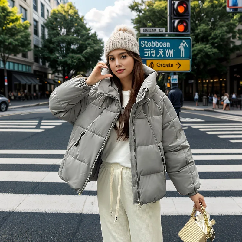 

Женское зимнее пальто-пуховик, однотонное стеганое пальто с воротником-стойкой и карманами, большая куртка с капюшоном для женщин, утолщенное женское стеганое пальто